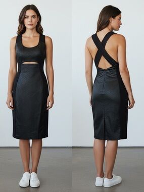 Black Halo Black Leather-like Pencil Dress Size 2 Body Contour Midi